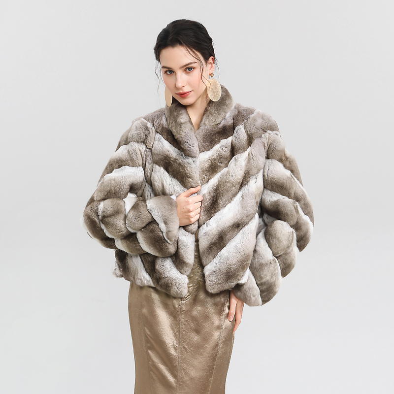 Vell Fur Z16 European Imported Capri Blue Purple Stand Collar Coat with Diagonal Stripes for a Slimming Effect