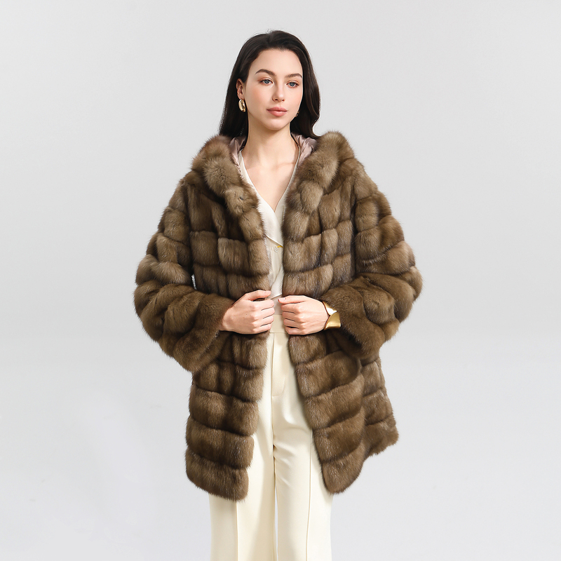 Vell Fur Z29 European Imported Mid-Length Hooded Tortora Color Russian Sable Coat for Women