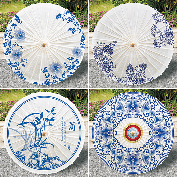 (Blue and white) Antique Classical Oil Paper Umbrella Practical Rainproof Sunscreen Retro Pure Handmade Sunshade Traditional Hanfu Photography