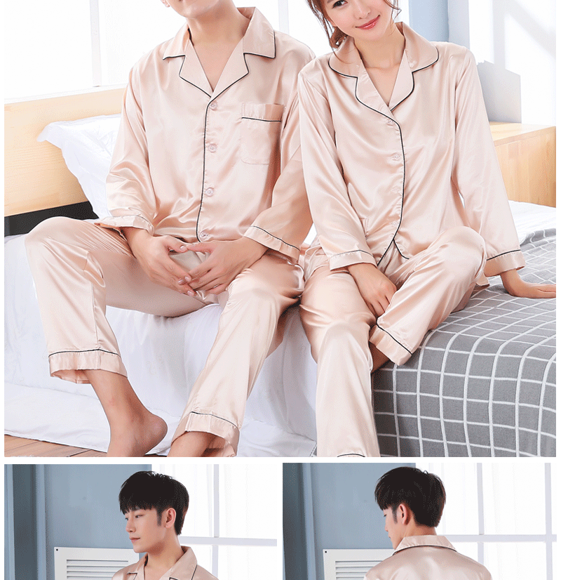 Cặp đôi đồ ngủ nữ băng lụa mùa xuân và mùa thu áo len dài tay nam size lớn phiên bản Hàn Quốc của set đồ lụa mỏng tại nhà mùa hè màu rắn đồ bộ cao cấp