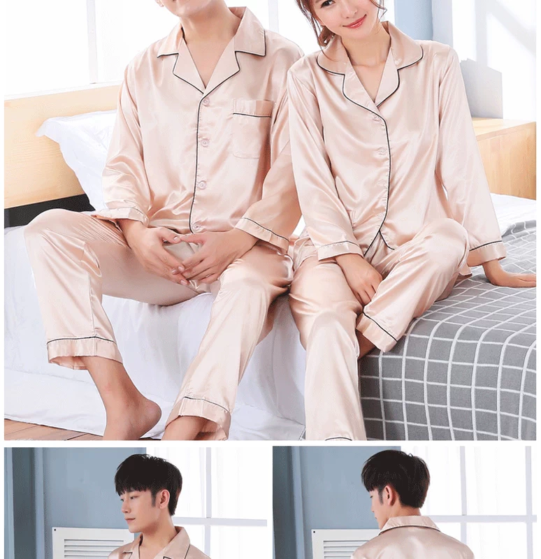 Cặp đôi đồ ngủ nữ băng lụa mùa xuân và mùa thu áo len dài tay nam size lớn phiên bản Hàn Quốc của set đồ lụa mỏng tại nhà mùa hè màu rắn đồ ngủ đôi