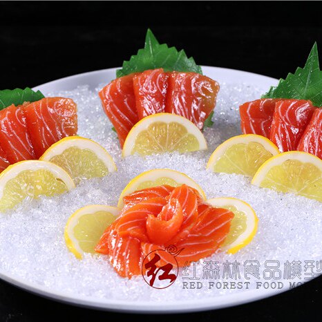 Special promotion simulation food model props hotel fake sample dish salmon sashimi platter (send tableware)