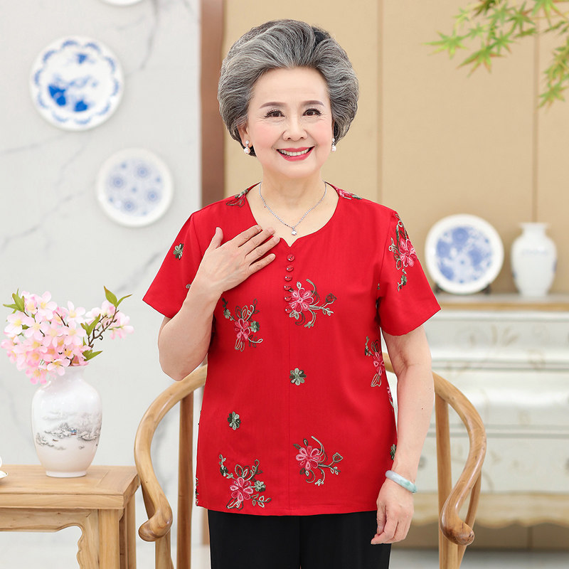 Big red middle-aged and elderly women's summer grandma's clothing suit blessing elderly clothes short-sleeved T-shirt cotton and linen two-piece suit