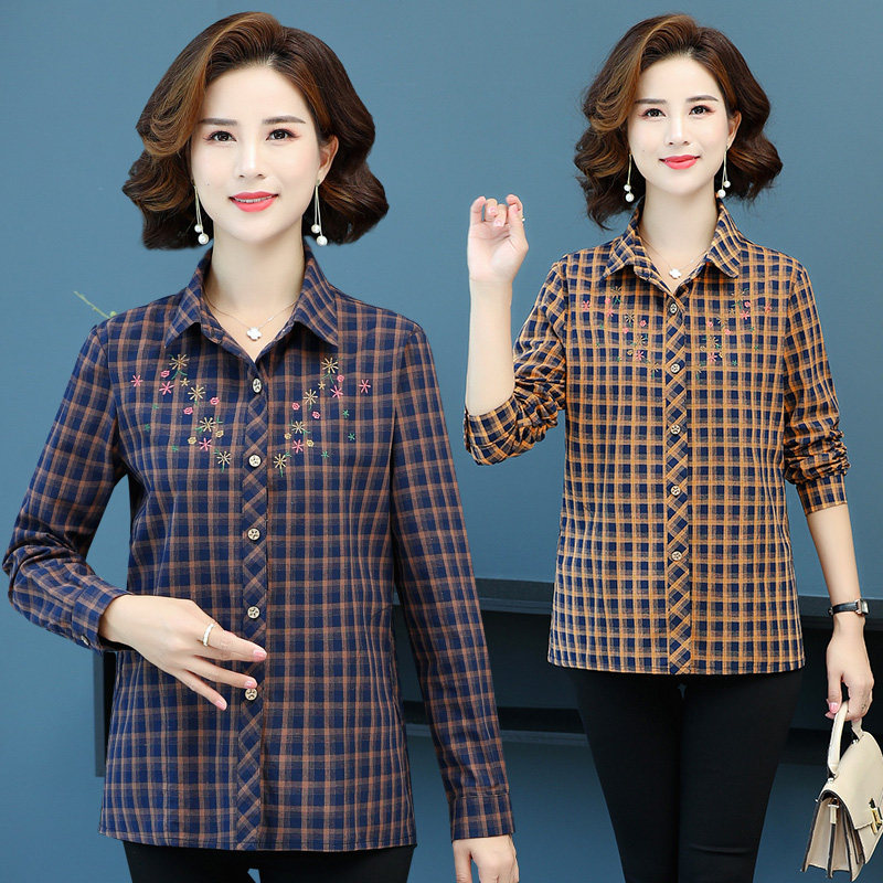 Middle Aged Long Sleeve Shirt Woman 100 hitch fashion Stylish Plaid Blouse Moms Dress Fall Middle-aged Woman Dress Shirt