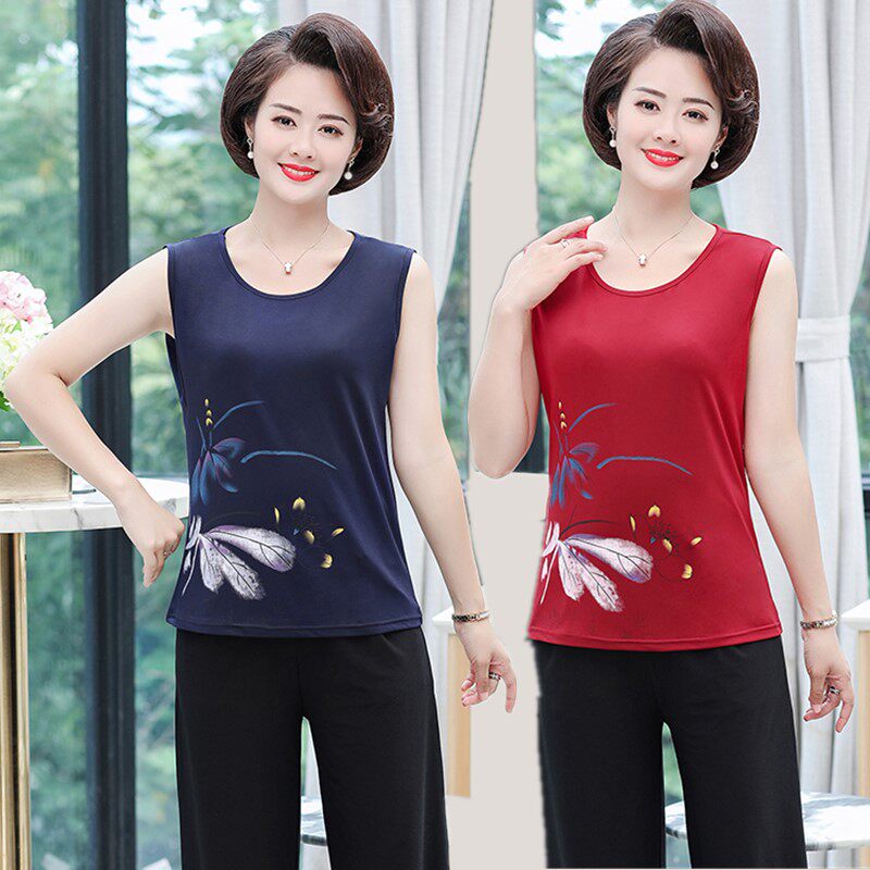 Summer Model Cotton Vest T-shirt middle sleeveless thin shirt mom inside and outside wearing T-shirt