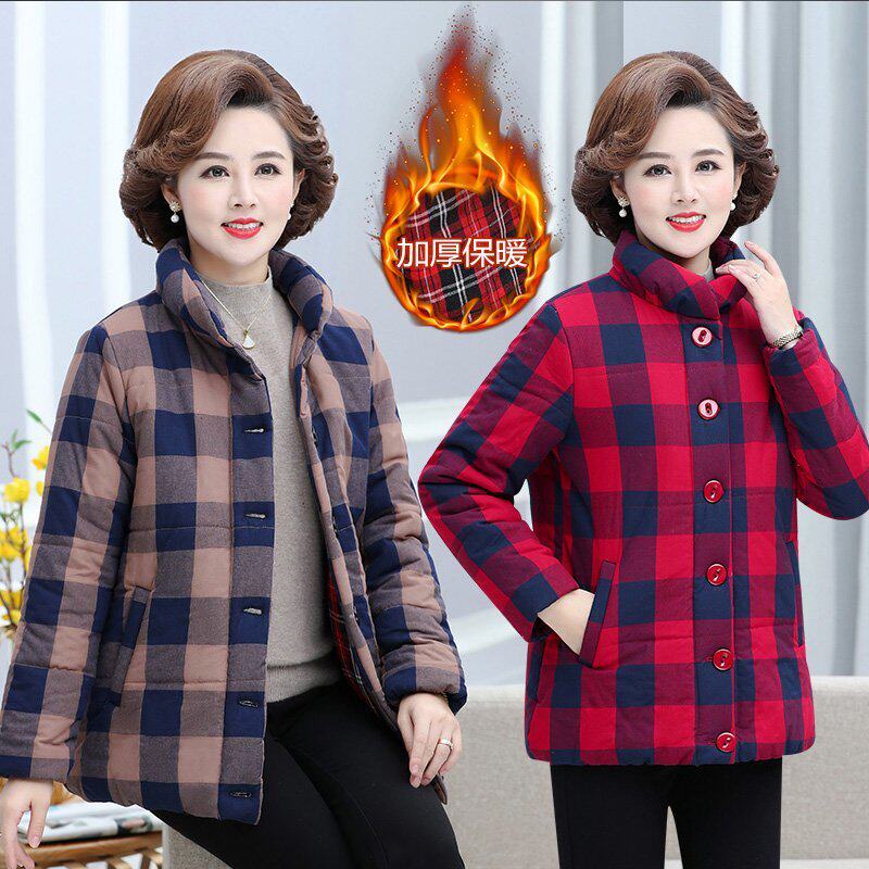 Autumn and winter new mother's clothing plus velvet thickened padded jacket stand collar plaid cotton clothing plus cotton casual middle-aged and elderly women's clothing