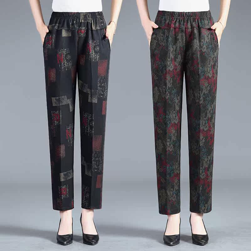 Middle-aged women pants loose large size autumn new grandma wearing high waist straight tube flower casual pants Mom trousers