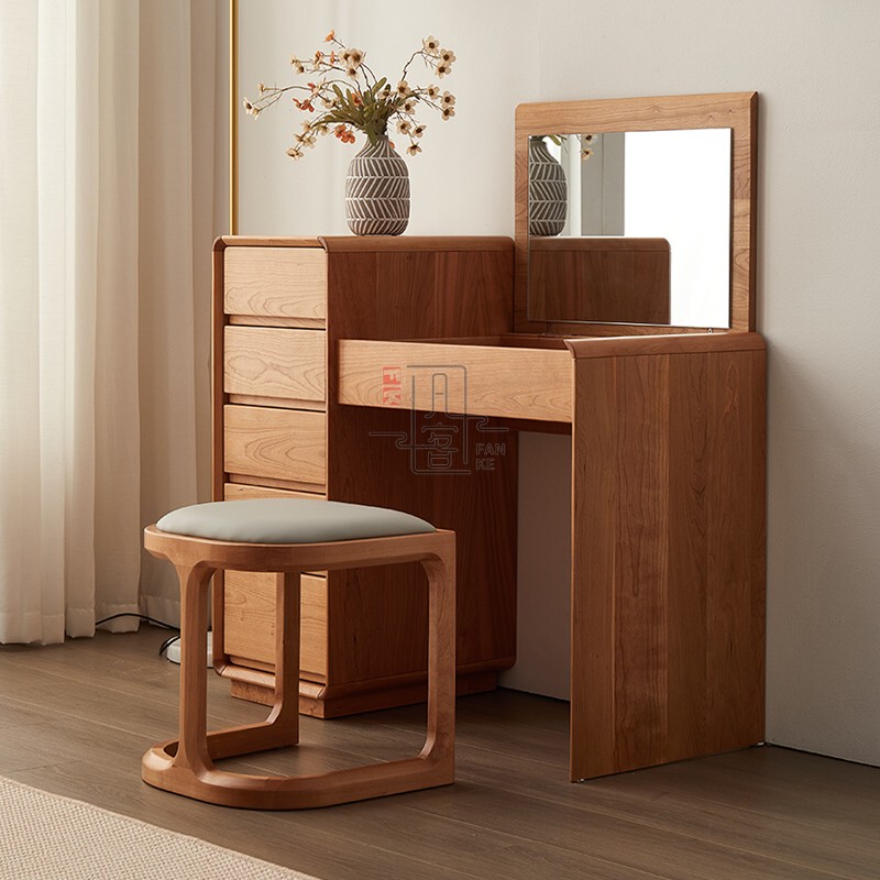 Nordic Cherry Wood Solid Wood Dressing Table Bedroom Modern Simple Flip-Top Dressing Table Stool Desk Dressing Table Integrated