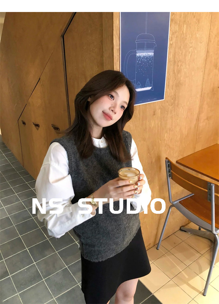 민소매 맨위 회색 조끼 베스트 어깨 스택 착용 느긋한 바람 니트 스웨터 풀오버 스웨터 여자 가을 상세 이미지 1