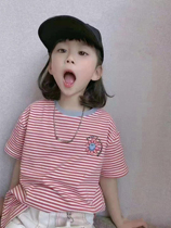 Male and female short sleeves T-shirt Stripes 2021 Summer clothes New children CUHK Han Han Version of Ocean Air Summer Loose Blouse