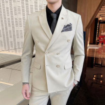 Double-breasted suit men Korean version of the trend British style groom suit suit mens slim wedding dress apricot handsome handsome