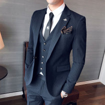 Bridegroom suit suit men Korean version of slim blue Tibetan stripes British casual suit men winter wedding dress