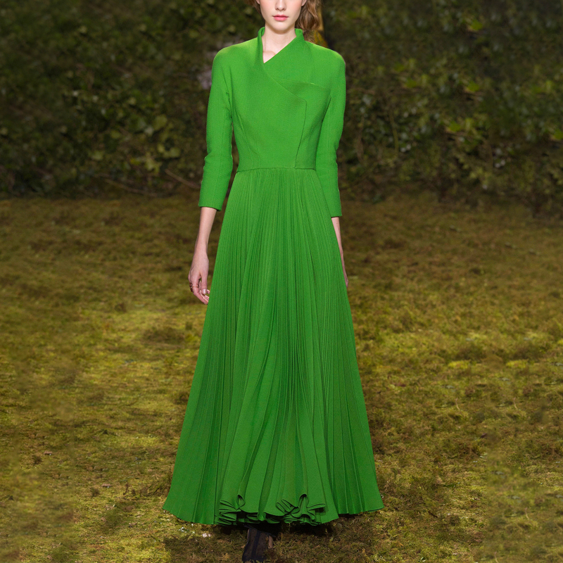 High-End Green Dress for Women, Classy Pleated Skirt, Long Skirt, Elegant Long-Sleeved Flared Skirt, Niche Dress, Autumn and Winter Wear