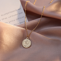 Korean simple multi-layer necklace Queen head gold coin round card stacked belt sweater chain pendant Clavicle chain Feminine temperament