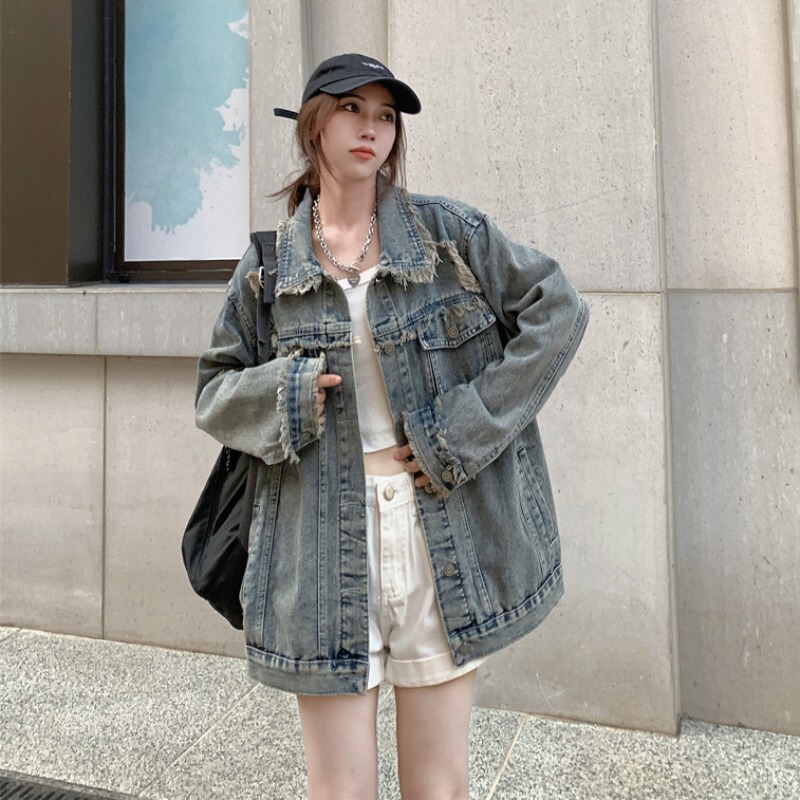 Retro Denim Jacket for Women Spring & Fall 2023 New Large Size Fat mm Loose Ripped Design Fringed Jacket Top