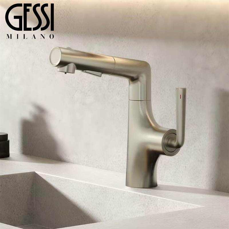Italian Gessi Brushed Nickel Pull-Out Basin Faucet Hot and Cold Bathroom Lift and Rotate Faucet