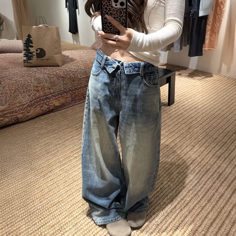 Petite American Retro Cuffed Washed Wide-Leg Jeans for Women, High-Waisted, Loose, Slimming, Straight-Leg, Cuffed, Floor-Length Pants Petite American Retro Cuffed Washed Wide-Leg Jeans for Women, High-Waisted, Loose, Slimming, Straight-Leg, Cuffed, Floor-Length Pants