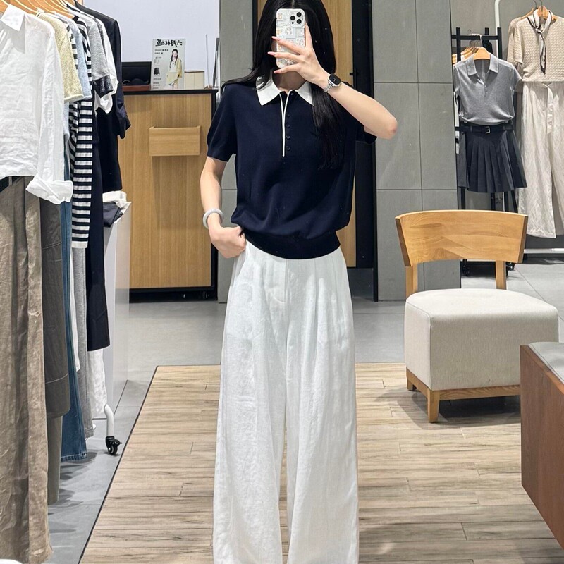 Mm Ma Ma 2026 Summer New Old Money Navy Style Color-Block Polo Collar Short-Sleeve Knit Top for Women 5H6232751