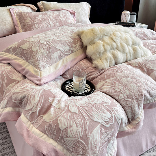 High-End Thickened Carved Milk Velvet Four-Piece Set Double-Sided Warm Coral Velvet Duvet Cover Bed Sheet Winter Bedding 4