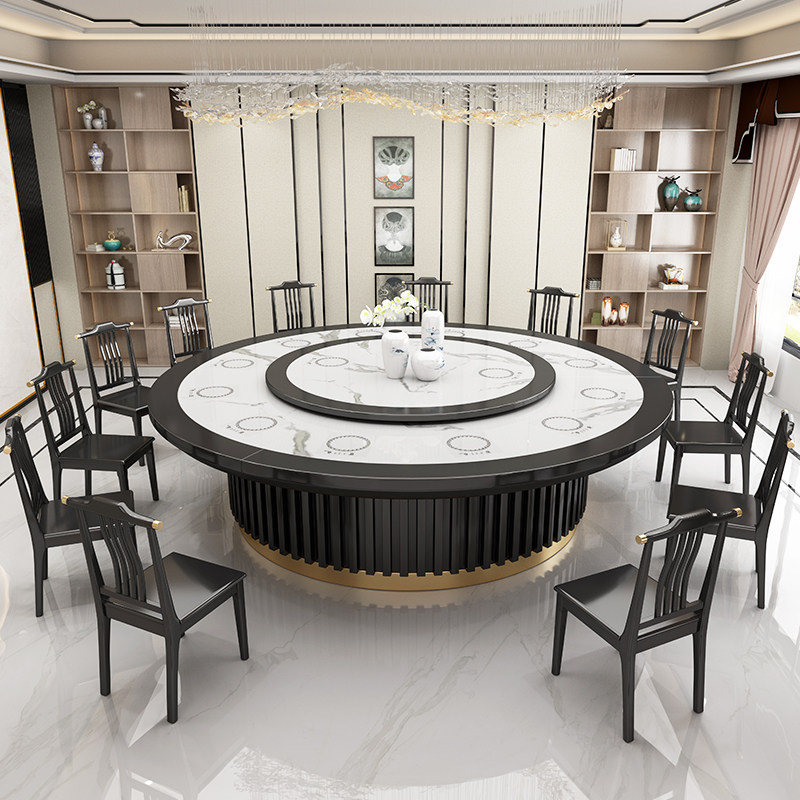 Electric dining table Grand round table hotel New Chinese rock plate marble with induction cookwood solid wood 15 people 20 bag compartment hotel