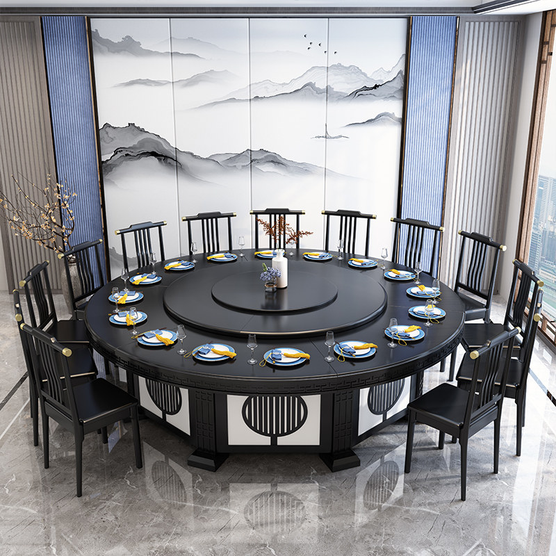 Electric dining table big round table hotel new Chinese-style solid wood with turntable induction cooker hot pot table 20 people 15 box restaurant