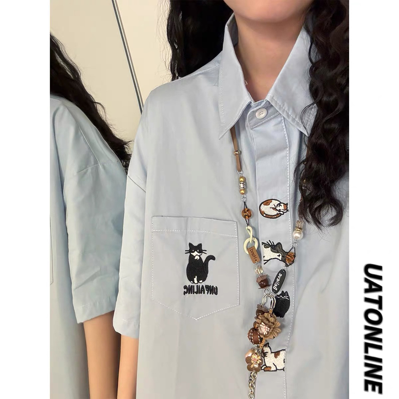 Japanese-Style Fun Cat Embroidery Short-Sleeve Shirt for Men and Women, Summer College Style Polo Collar Versatile Loose Shirt Japanese-Style Fun Cat Embroidery Short-Sleeve Shirt for Men and Women, Summer College Style Polo Collar Versatile Loose Shirt
