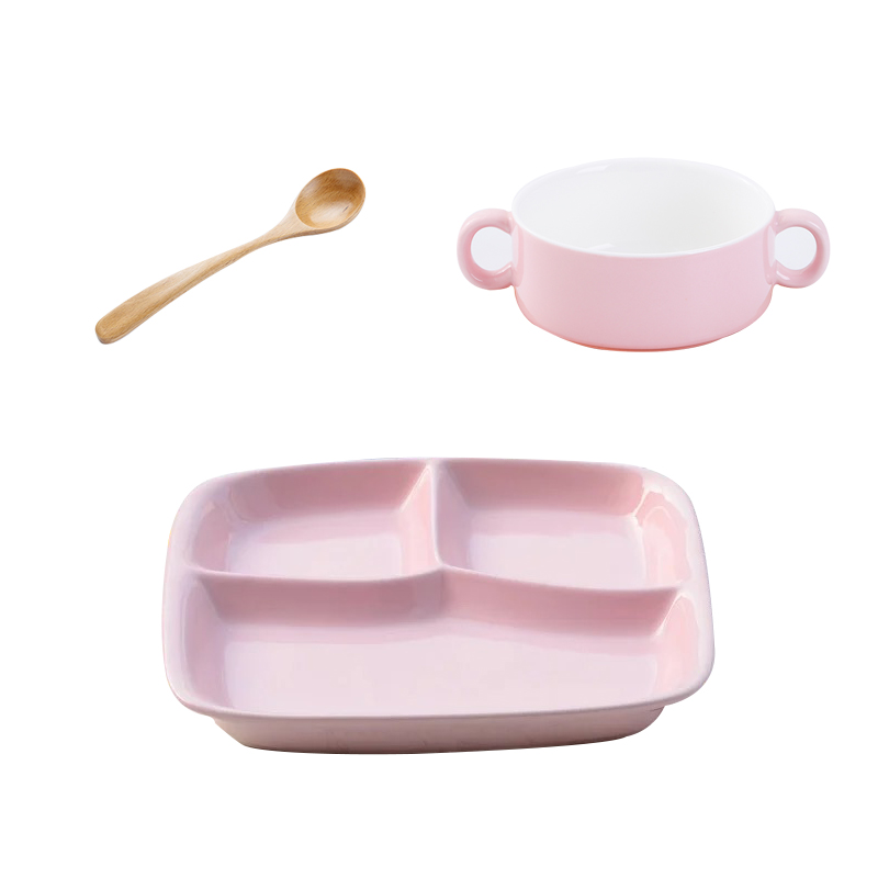 Children's Small 3 Pack (Pink)Separate meals Dinner plate Grid ceramics plate breakfast Eat for one Tableware set Japanese  separate Tray meal plate dinner