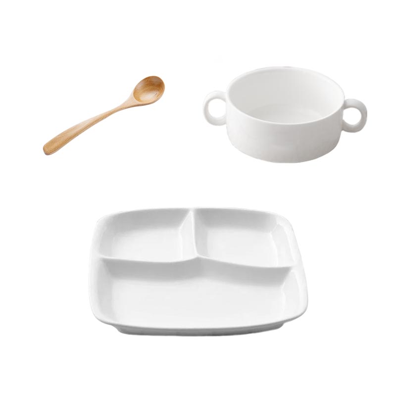 Children's Small 3 Pack (White)Separate meals Dinner plate Grid ceramics plate breakfast Eat for one Tableware set Japanese  separate Tray meal plate dinner
