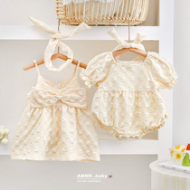 Baby Korean one-piece foreign baby girl sister puff sleeve climbing suit suspender princess dress newborn hai