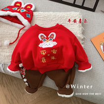 Childrens fleece sweatshirt 0-6 years old winter clothes New Years clothes baby rabbit New Year greeting clothes baby thick warm top