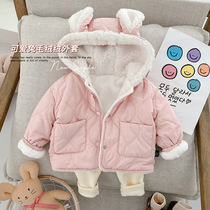 Girls 0-6 years old plus fleece cotton coat childrens autumn and winter coat baby foreign lamb wool top go out to keep warm