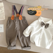 Boys shirt suspender pants gentlemans suit spring dress British style shirt pants baby boys first birthday dress 100-day dress