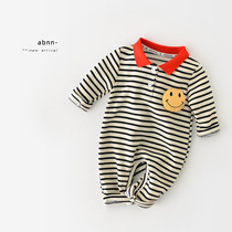 Baby long sleeve jumpsuit male and female baby stripe cartoon smiley face small lapels outing outfit newborn crawler autumn suit