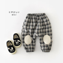 Baby Korean version autumn and winter plush pants baby warm plaid patch slacks newborn big PP pants warm