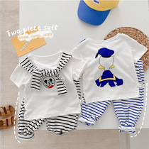 Childrens foreign short sleeve set 0-5 years old summer boy foreign style sailor collar bow t-shirt striped pants two-piece set