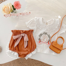 Baby girl embroidered short sleeve set summer dress girls bunny T-shirt bow triangle large PP shorts two pieces