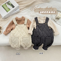 Baby Korean suspenders autumn and winter cotton pants quilted thick pants male and female baby warm jumpsuit winter clothes out