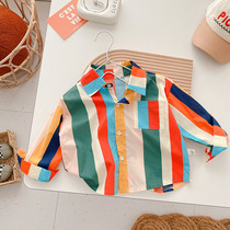 Kids Striped Shirt Spring Autumn Jacket Baby Korean Rainbow Shirt Boy Handsome Cartoon Top Cardigan