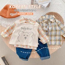 Baby plaid shirt 0-3 years old spring dress baby foreign childrens shirt coat long sleeve top vest jeans