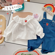 Baby Style Doll Collared Shirt Top 0-3 Years Baby Strawberry Denim Suspenders Girls One-piece Big PP Pants