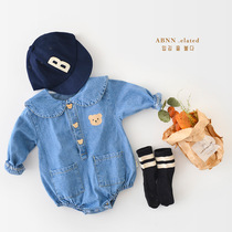 Male and female baby denim one-piece foreign spring clothes baby hai long sleeve fart coat newborn crawler outing suit