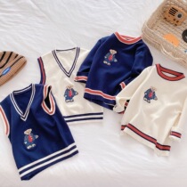 Childrens bear knitted vest jacket spring and autumn style preppy style little boyish waistcoat baby knitted sweater trend