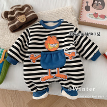 Baby winter dress cute big pocket jumpsuit baby stripe plush Harmon foreign newborn thick climbing suit