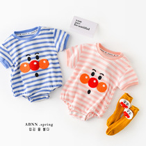 INS Baby Cartoon Onesuit Super Cute Baby Striped Red Face Egg Ha Yi Newborn Sleeveless Ass Climbing Suit