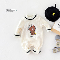 Baby cartoon crawling suit outing suit spring and autumn suit super cute male and female baby playing baseball bear long-sleeved one-piece and foreign style