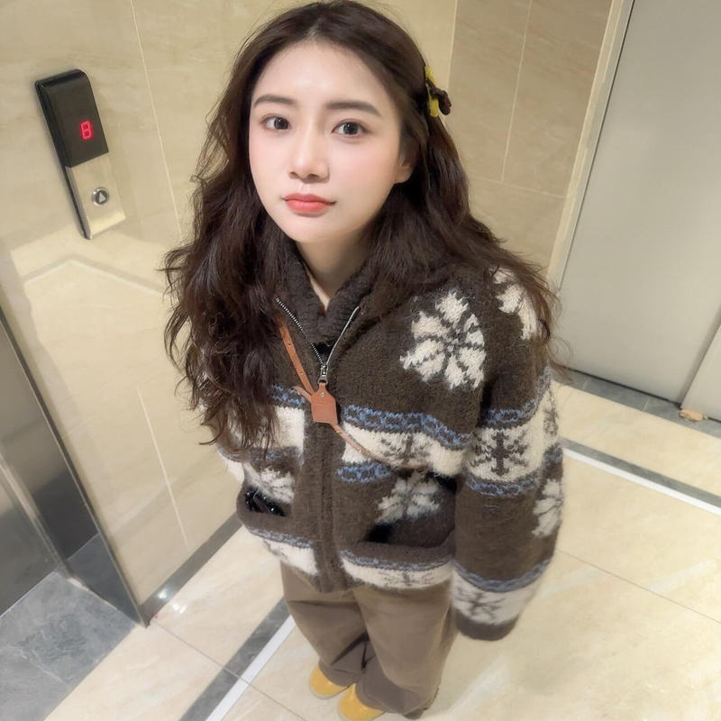 Autumn and Winter Thickened American Retro Fair Isle Snowflake Jacquard Zip-Up Knitted Cardigan Jacket for Women, Loose and Versatile Sweater