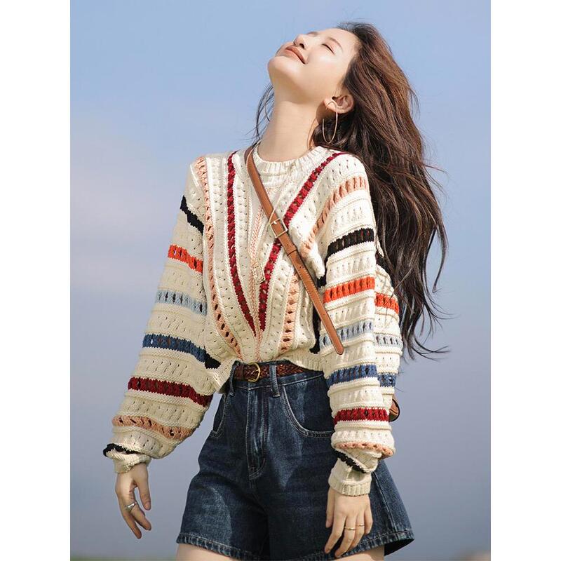 Colorful Striped Sweater for Women, New Autumn and Winter Style, Loose and Lazy Style, Crochet Hollow Knit Top, Trendy Outerwear