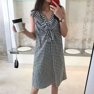 77store summer 2020 new popular skirt women's loose thin sleeveless bow plaid dress