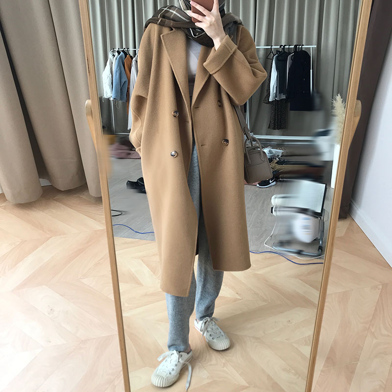77store double-sided cashmere coat midsum long fall/winter 2021 new high-end Hepburn style woolen tweed coat