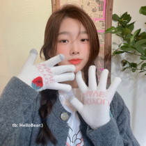 Korean version of young students wool knitting five fingers plus velvet thickened strawberry gloves female winter touch screen